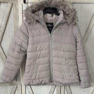Hollister Women's Light Gray Puffer Coat Faux Fur Removable Hood medium